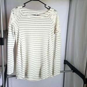Maurice cream and grey striped sweater w/lace